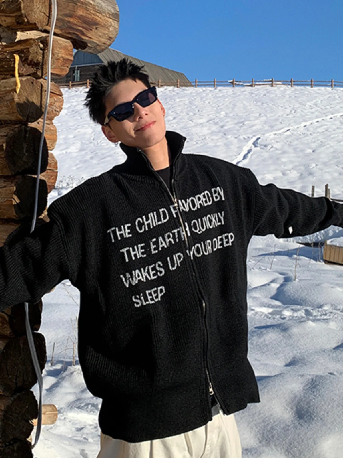 

American High Street Letter Print Zipper Knitwear Men's Open Cardigan Autumn Winter Design Couple's Stand Collar Knitted Coat