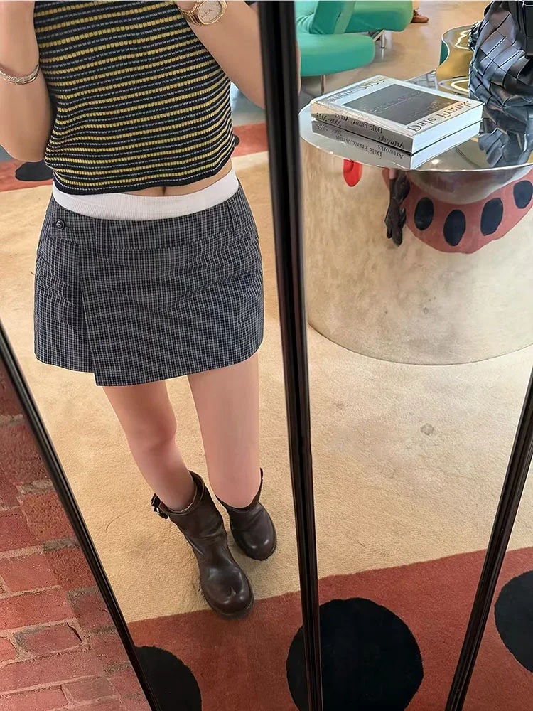 Sexy Low Waist Plaid Skirts Women Summer Fashion Slit Mini Skirt Korean Sweet Preppy All Match A Line Skirts Mujer