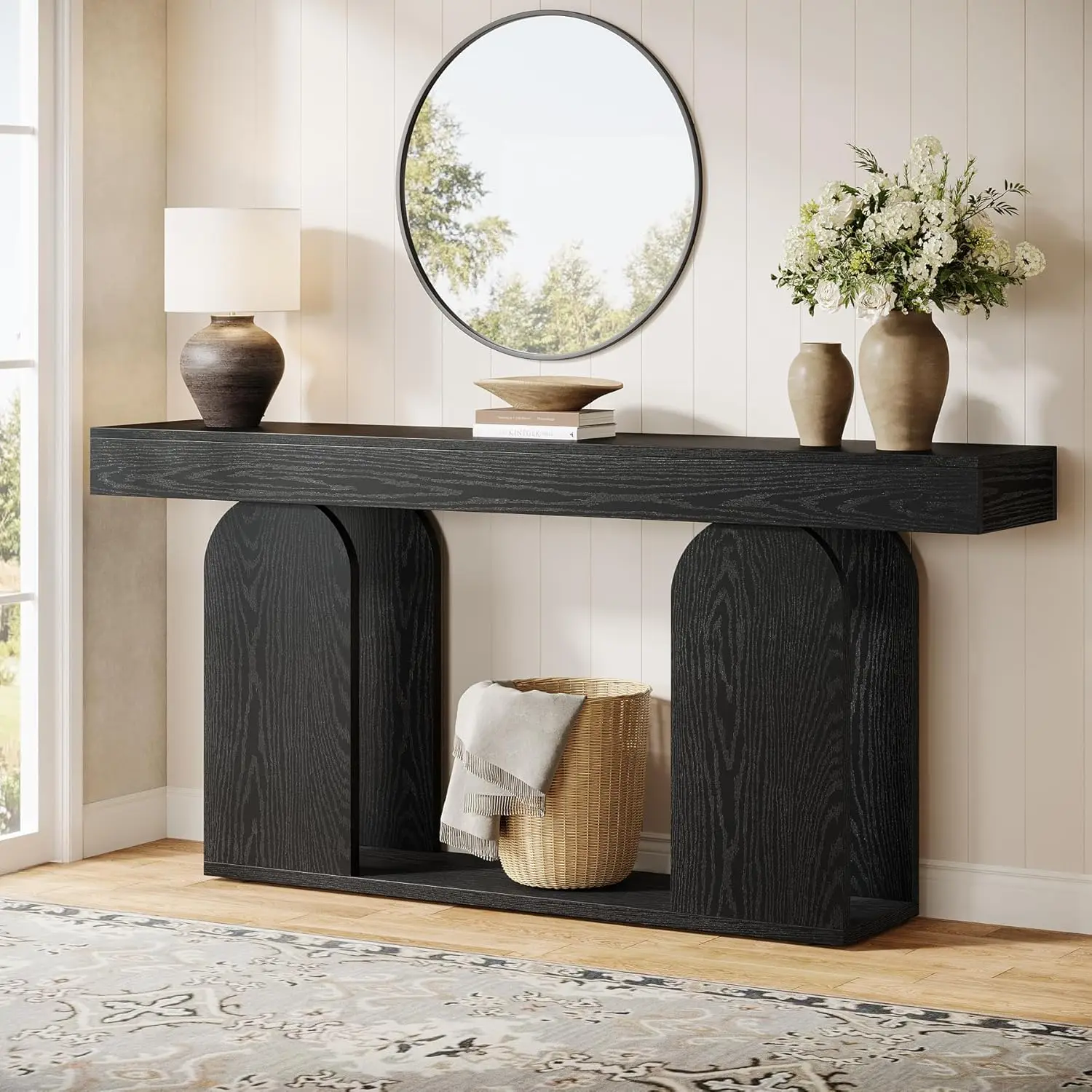 

70.9-Inch Extra Long Sofa Table, Farmhouse Console Tables with Wood Frame and Storage Shelf, 2-Tier Wood Table Behind