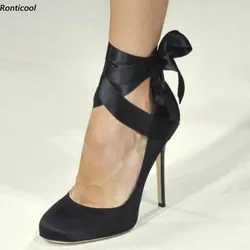 Ronticool Handmade Women Pumps Sexy Ribbon Ankle Strap Stiletto Heels Round Toe Elegant Black Shoes Women US Plus Size 5-13