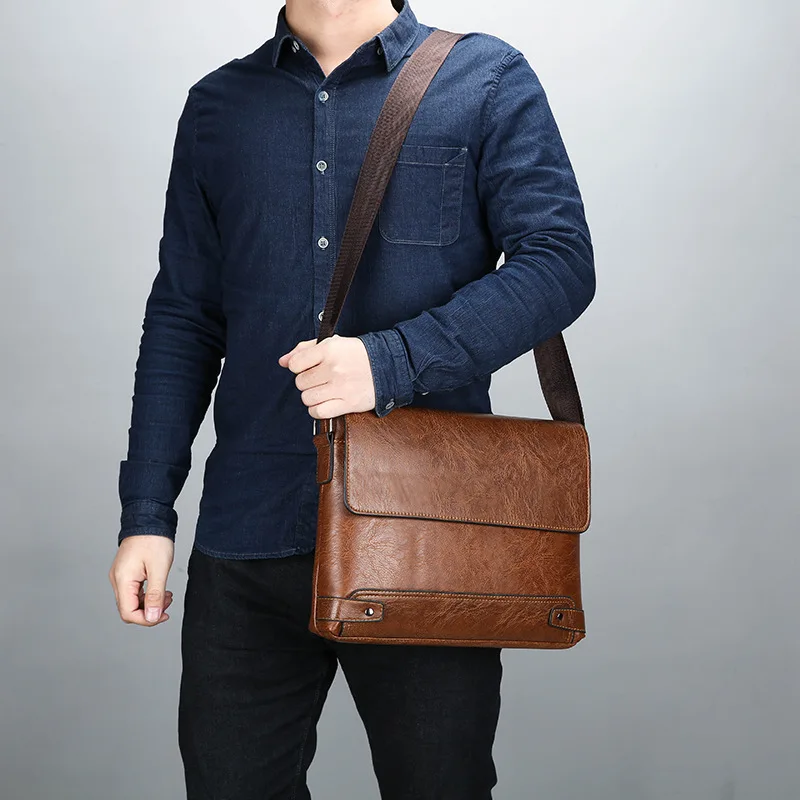 Soft leather waterproof men's briefcase, business shoulder bag, horizontal flip cover, crossbody document A4 backpack