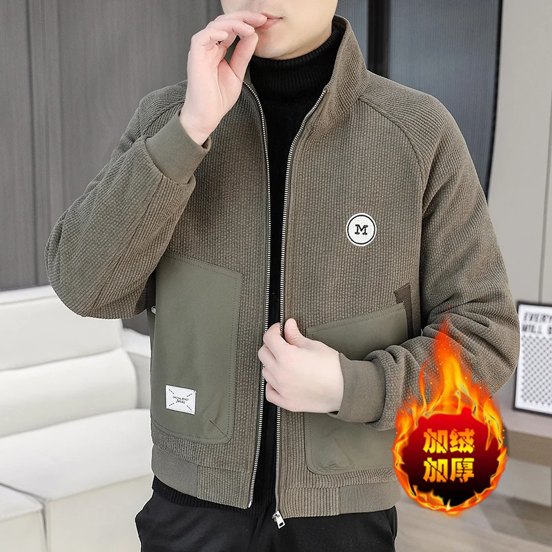 Korean Rabbit Fur Woolen Jackets Men Stand Collar Thickened Spliced Wool Blended Coats Versatile Casual Streetwear Overcoat 2024