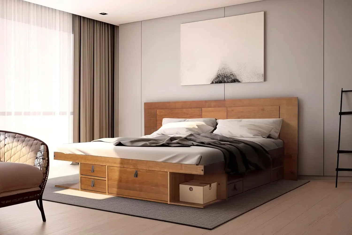 Storage Platform Bed With Drawers+Flat Panel Headboard 85