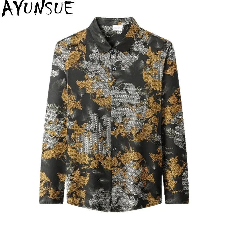 AYUNSUE 92.5% Real Mulberry Silk Shirts for Men 2026 High Quality Long Sleeve Shirts Man Clothing Fashion Printed Shirt Tops