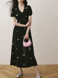 Women's Summer Vintage Long Embroidery Flower Chiffon Dress Waist Curvy V Neck Midi Sundress Korea Style