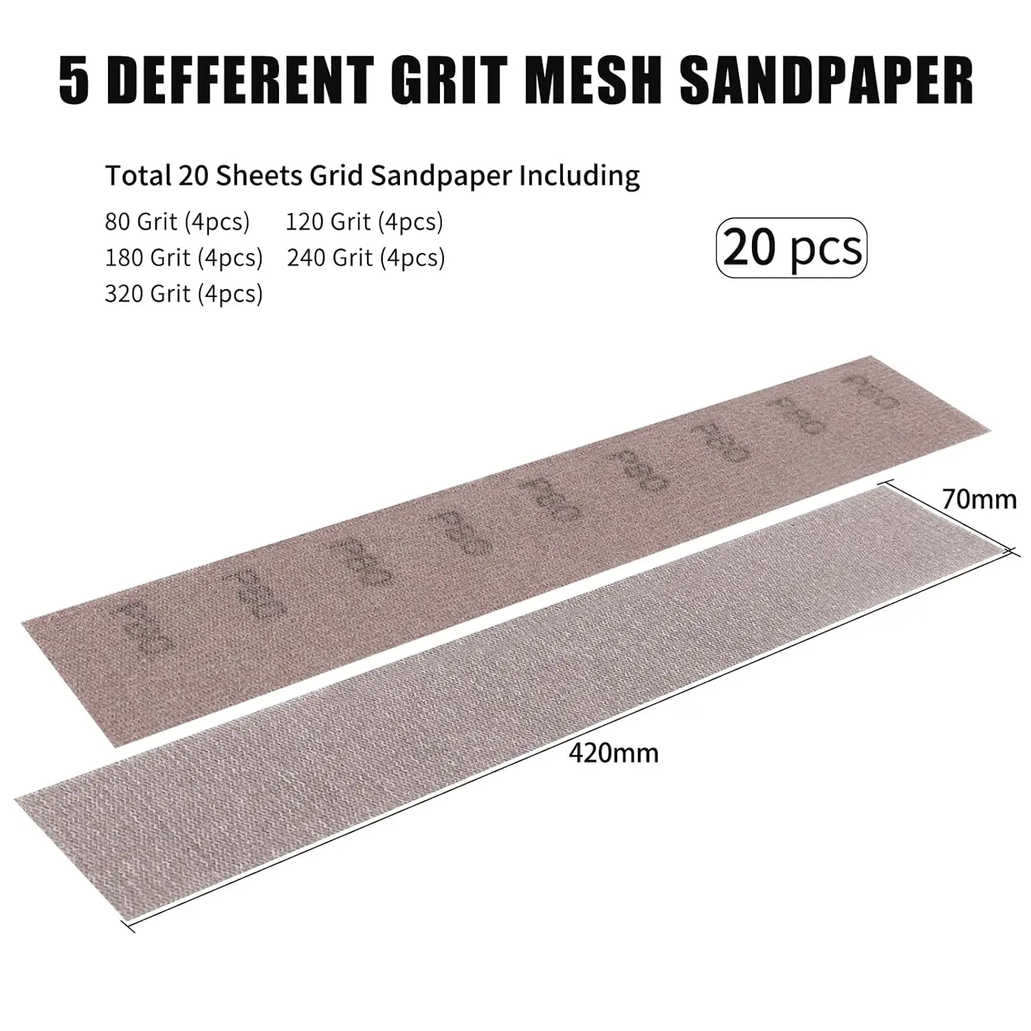 Mesh Sandpaper 420*70mm,Hook and Loop Sanding Disc Dust Free 80-320 Grit Assortment for Wood Drywall Metal Polishing 5/20Pcs
