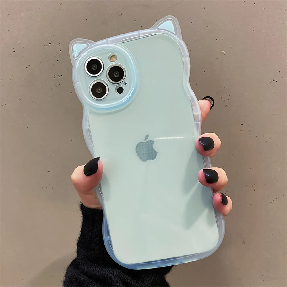 Cute Cat Ear Curly Wave Transparent Case For iPhone 11 13 12 14 15 16 Pro Max Cartoon Shockproof Clear Soft Back Cover