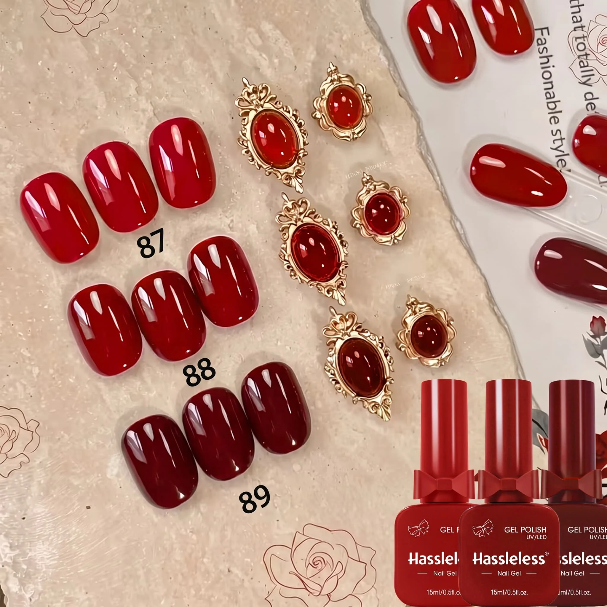 Hassleless 3-Piece Nail Polish Gel Set 15ml Large Capacity Classic Classic Red Wine Red Retro Red Solid Color Nail Polish Gel Long-Lasting High Saturation Removable Salon-Quality Finish