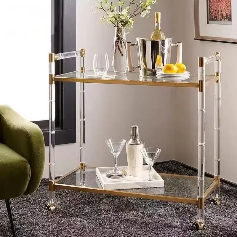 Modern Gold Stainless Steel Bar Cart with Glass Shelves Quiet Rolling Trolley for Living Room Hotel Restaurant Home Service