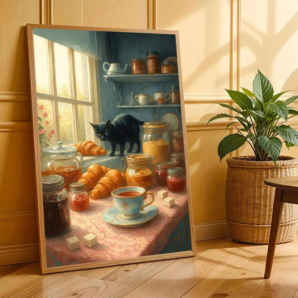 Simple black cat and croissant retro canvas decorative painting, 2D printed poster, restaurant kitchen home decoration