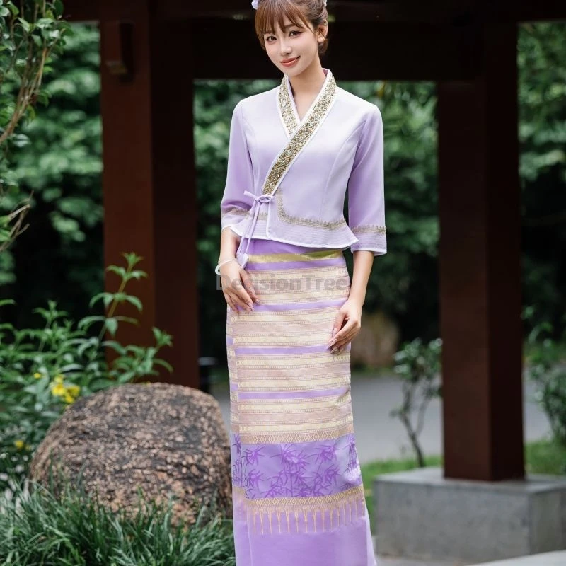 Traditional women thailand clothing chinese Dai ethnic style lacing hanfu top straight skirt elegant dignified temperament set