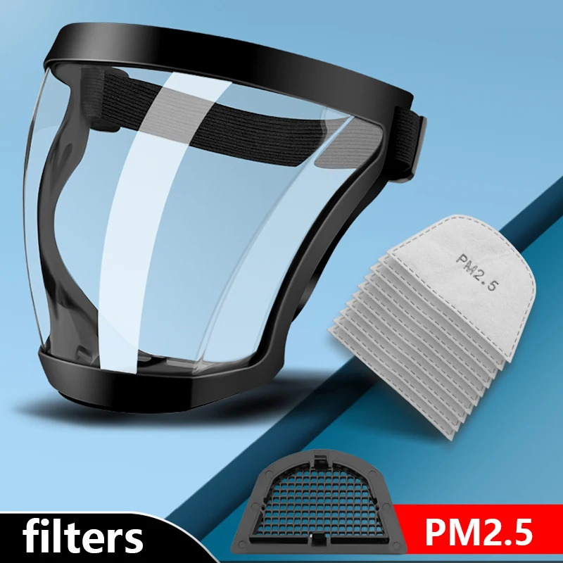 Transparenter Vollgesichtsschutz, wiederverwendbar, staubdicht, Antibeschlagmaske, HD-Schutzbrille, Küchenschutz, Anti-Spritz-Maske mit Filtern – Detail 5