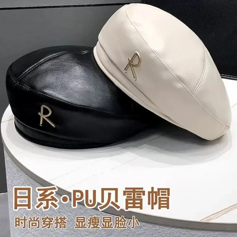 女性用秋冬日本風r字型レザーベレー帽-ヴィンテージ無地ペインターニュースボーイキャップ