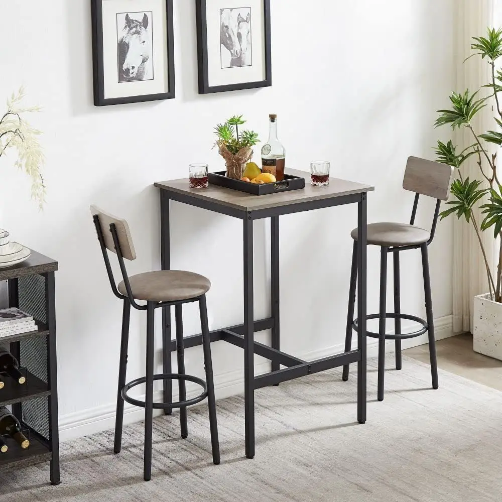 

2-Seat Bar Table with Upholstered Stools, Backrest, Ideal for Pub, Bistro, Kitchen, and Small Spaces
