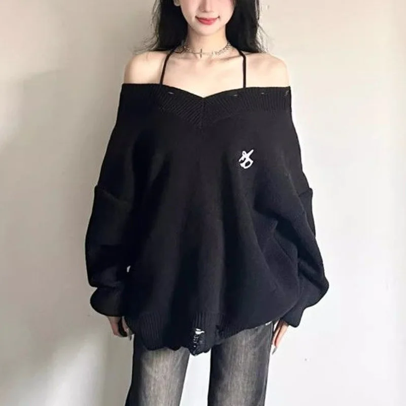 Korean Hollow Out V-neck Sweater Female 2024 Autumn Winter New All-match Pulloverknitting Long Sleeve Top Tee Women's Pullovers