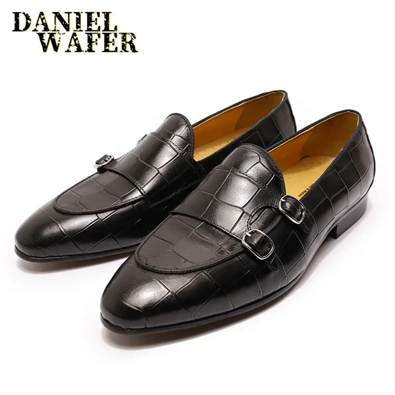 

Luxury Men's Loafers Genuine Leather Shoes Brown Black Double Monk Strap Slip on Pointed Toe Office Wedding Dress Casual Shoes