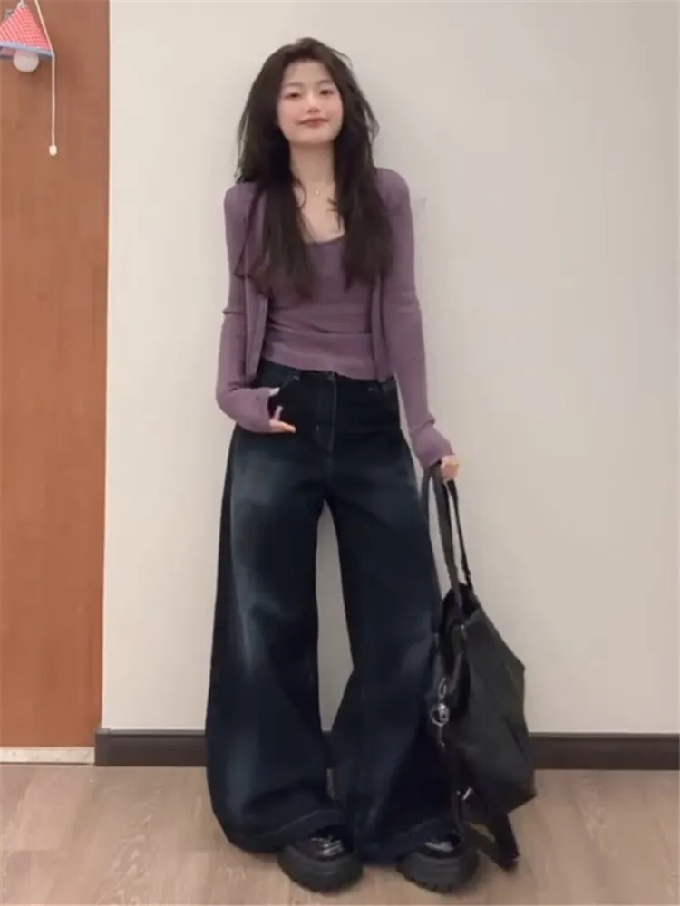 

Американские ретро-джинсы с широкими штанинами для женщин, свободные, струящиеся, с эффектом потертости, прямые, в пол, с дизайнерским акцентом