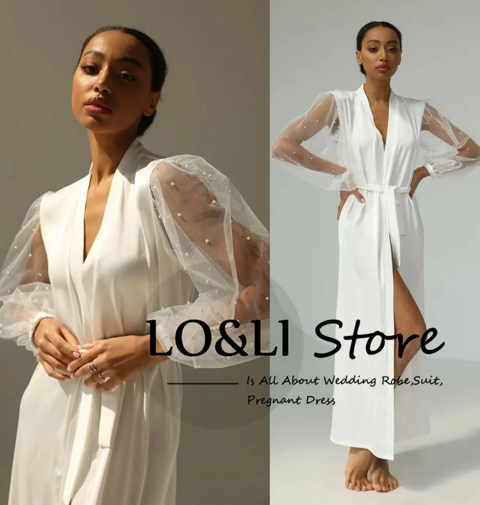 LO&LI White Custom Wedding Bathrobe Dress Bride Robe 2023 Satin Boudoir Bridesmaid Team Long Dress Pearl Lantern Sleeve Vestido