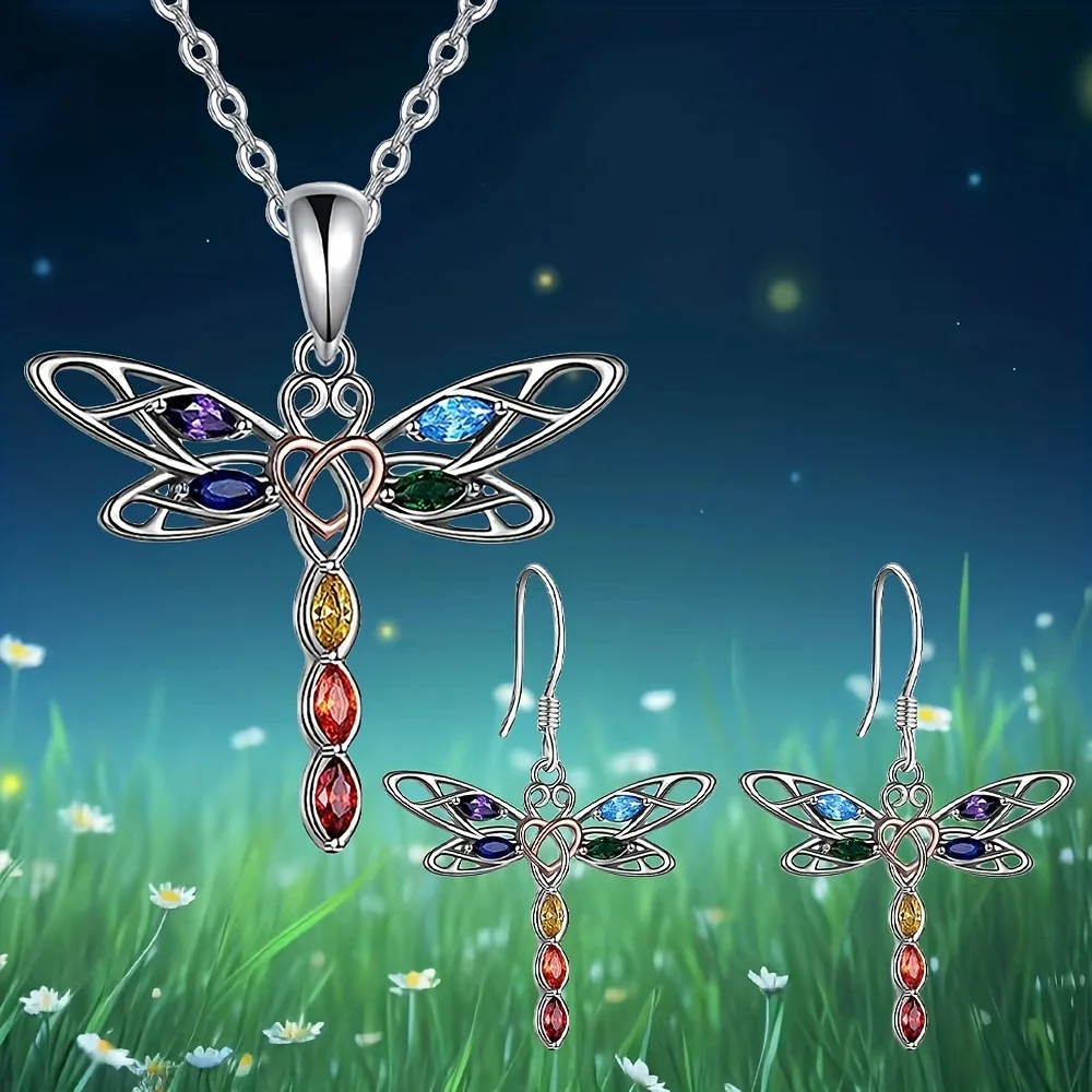 3pcs Fashion Exquisite Hollow Colorful Dragonfly Necklace Earrings Set Birthday Gifts Anniversary Party GiftsJewelry Niche Style