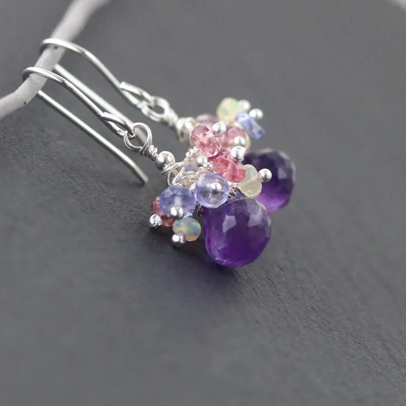 Amethyst silver cluster earrings, Ethiopian Velo opal, tanzanite, pink tourmaline