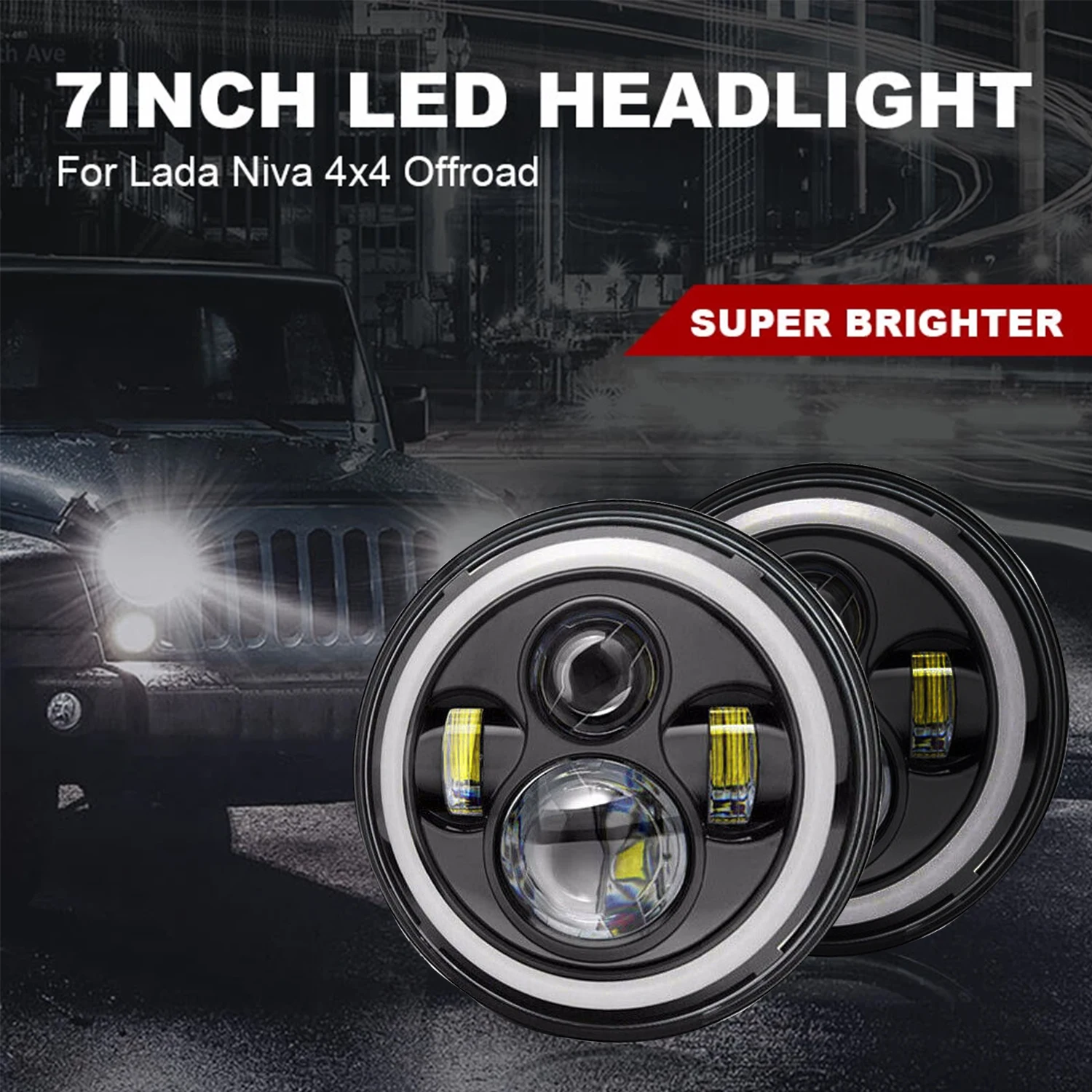 HYNBYZJ 7'' Led Headlight H4 DRL Round 7'' Headlights with Yellow & White Angel Eye for Jeep Wrangler Lada Niva 4x4 75W 30W