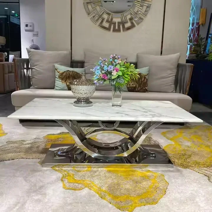 Luxury Modern  Marble Coffee Table with Black Grey Steel Base Gold Top Set for Home Dining Living Room Furniture on Sale