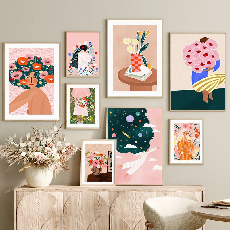 Boho Fashion Girl Flowers Vase Illustration Wall Art Canvas Painting Abstract Poster And Prints Pictures For Living Room Deco
