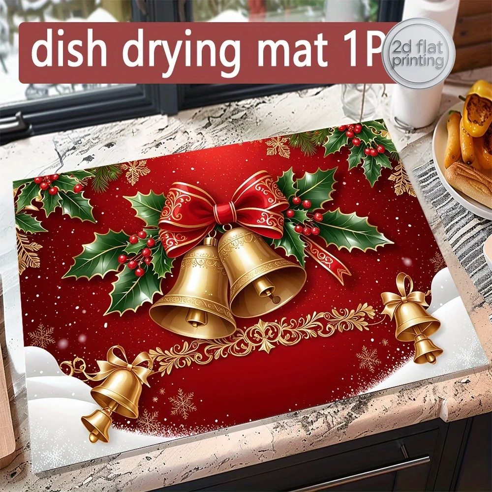 1 Stück, Polyester-Produkt, Weihnachten, roter Hintergrund mit Weihnachtsglocke und Schleife, dekorativer Aufdruck, saugfähige Küchenmatte, Bartheke