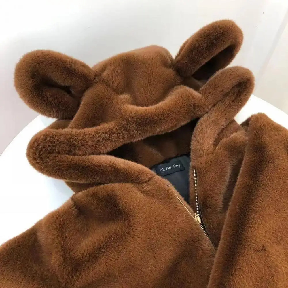 Cappotto di media lunghezza allentato con cappuccio Cute Bear Ears Zipper addensato Top Fashion Solid Coats pendolare eleganti giacche Casual superiori