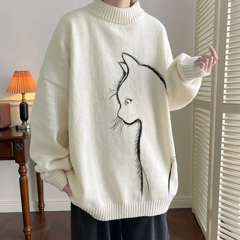 Unisex Cute Cat Print Sweater, Extra Large Pullover, Casual Street Clothing, Harajuku Fashion, Autumn, Winter, 2021