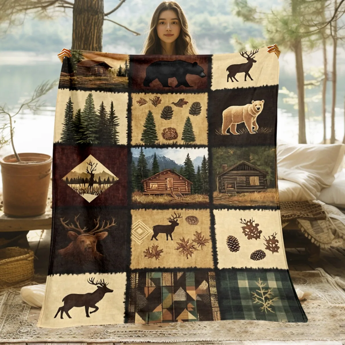 ريفي الغابات المقصورة الغزلان الدب بطانية الفانيلا البلد لودج ديكور الصيد تحت عنوان بطانية مريحة الشتاء بطانية