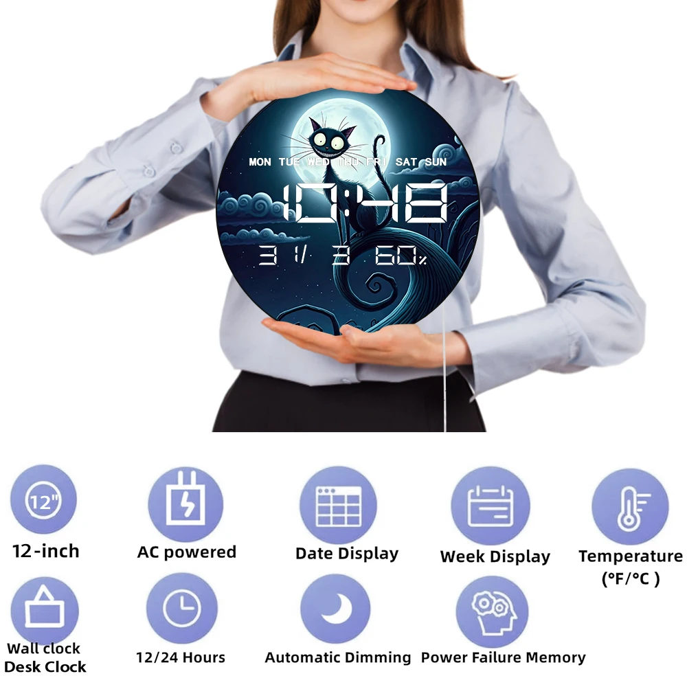 ساعة حائط رقمية من شيشاير كات مع قمر LED ديكور منزلي كرتوني ساعة حائط إلكترونية مع تقويم تاريخ درجة الحرارة والرطوبة
