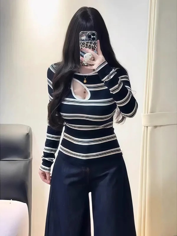 

Ретро-футболка в полоску с длинным рукавом, больших размеров, женская, модная, с вырезами, базовый слой, для осени и зимы, с эффектом похудения