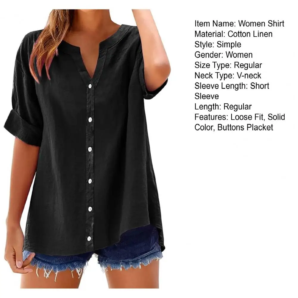 Women Shirt V-neck Short Sleeve Buttons Placket Shirt Tops Solid Color Loose Fit Casual Blouse Daily Wear Blouse Женские Топы
