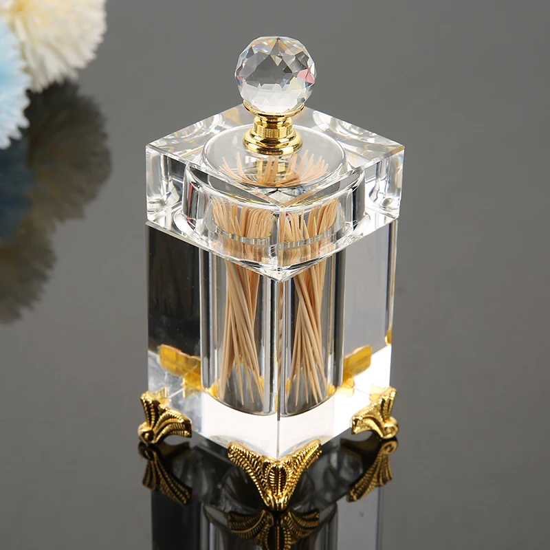 Living Room Home Crystal Glass Toothpick Dispenser with Lid Gold Luxury Decorative Cotton Swab Box Cotton Swab Holder