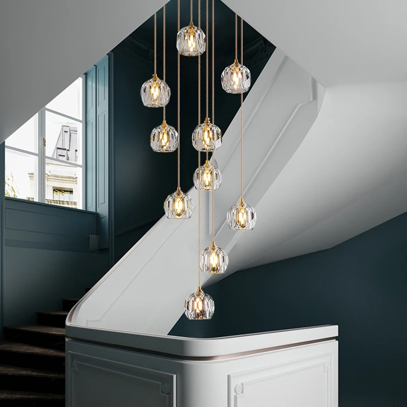 Stair crystal chandelier super long chandelier villa living room dependent lamp modern  creative light luxury crystal ball lamp