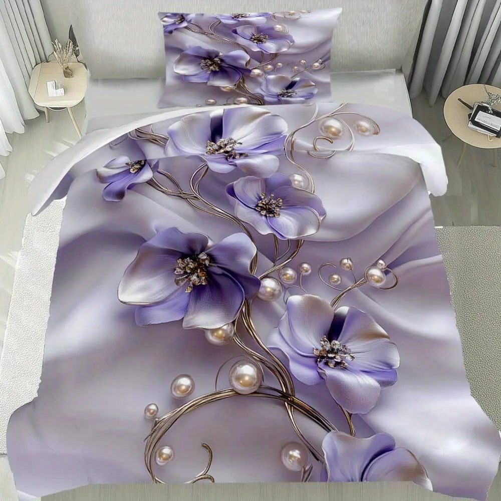 3pcs Light Purple Bedding Set Pearl Flowers Printed Cozy Duvet Cover King Queen Twin Size Birthday Gift for Adult Bedroom Decor