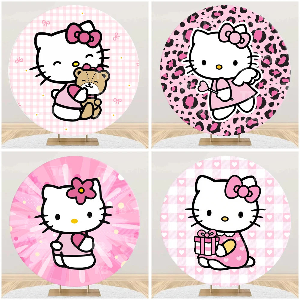 

Hello Kitty Round Backdrop Cover Pink Circle Photography Background for Kids Girls Birthday Baby Shower Party Decorations
