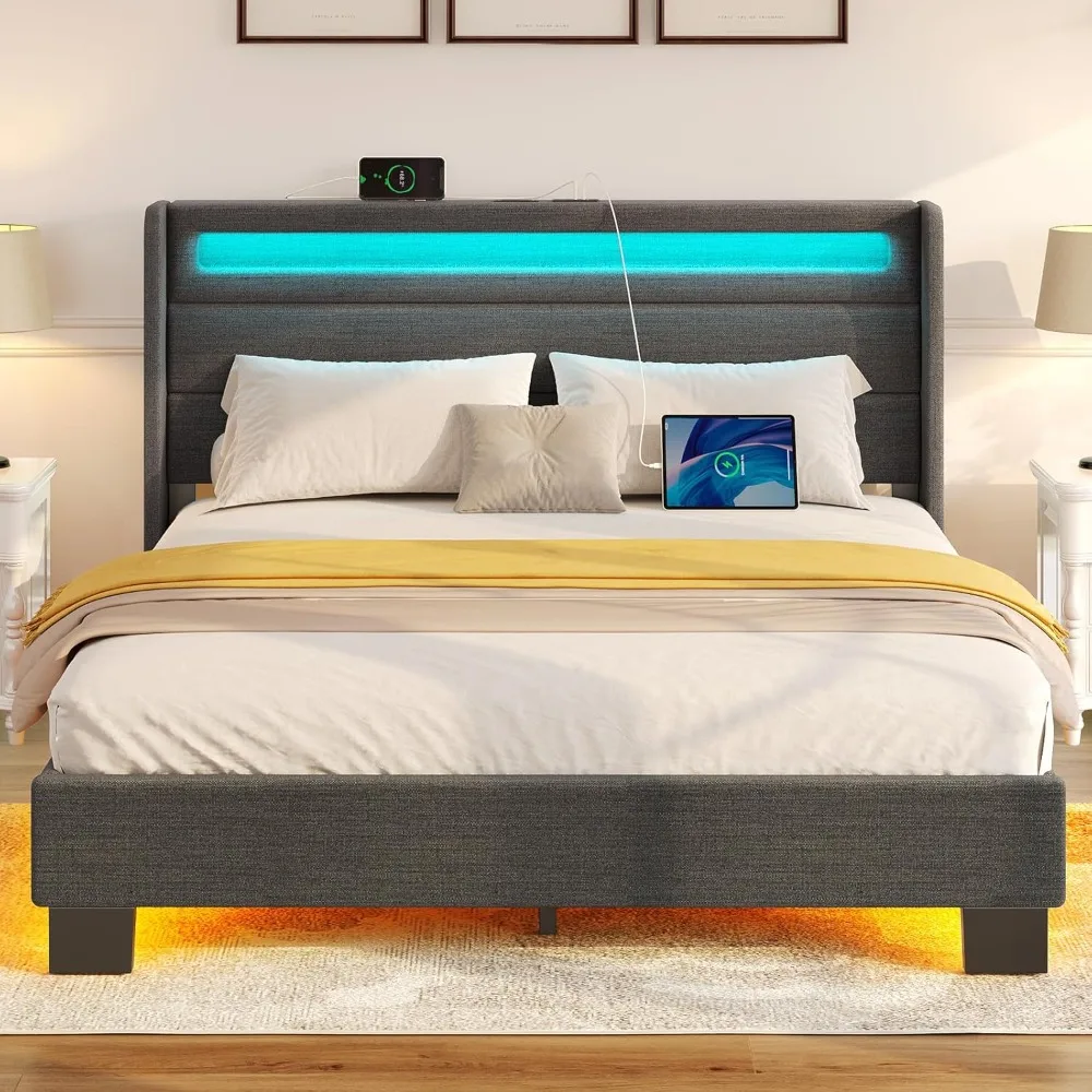 

Bed Frame Full Size with LED Lights and Charging Station, Upholstered Bed with Motion Activated Night Light and Wood Slats