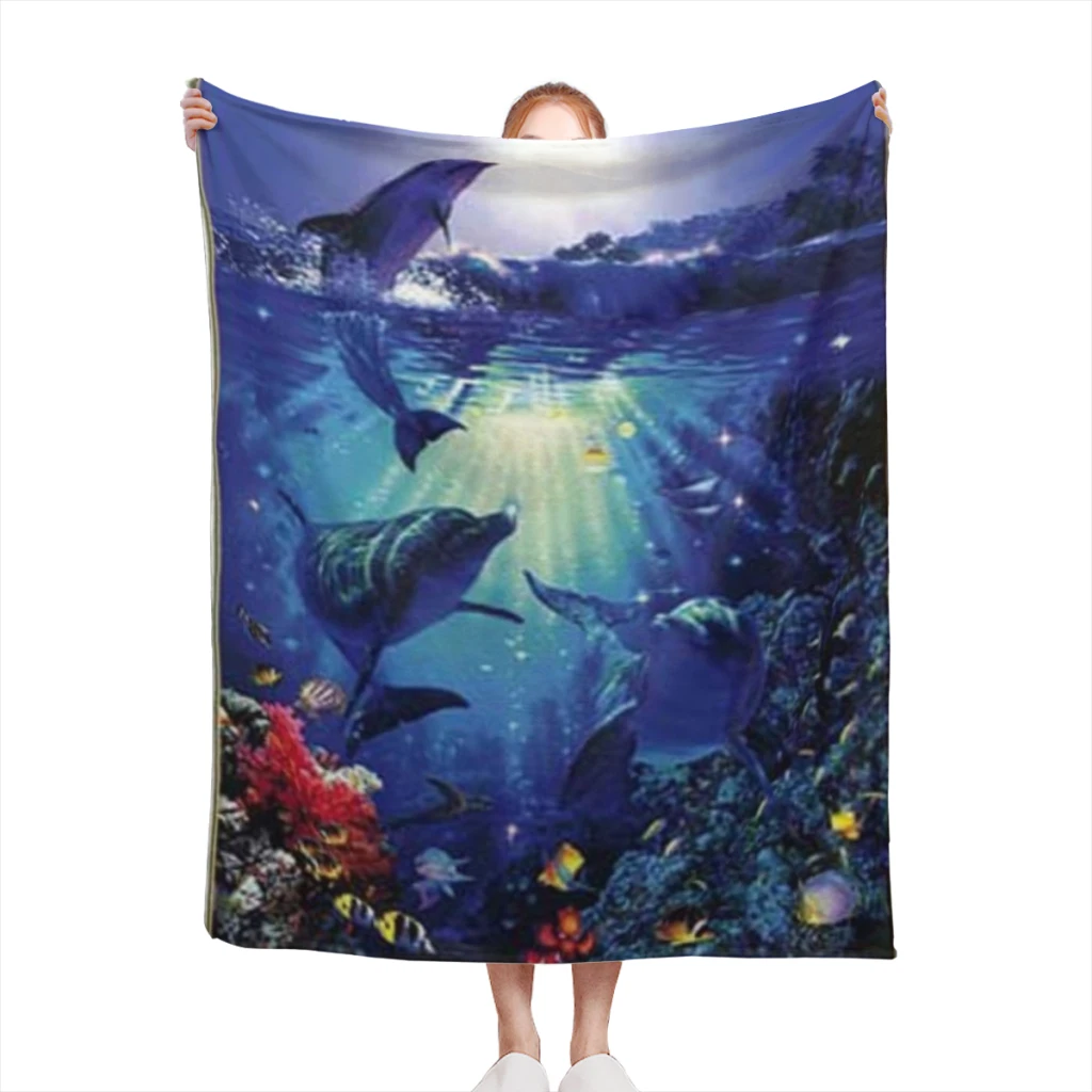 

Dolphin Blue Underwater World Marine Life Comfortable Flanne Blanket Fluffy Soft Bedroom Decor Sofa Blankets Comforter Home