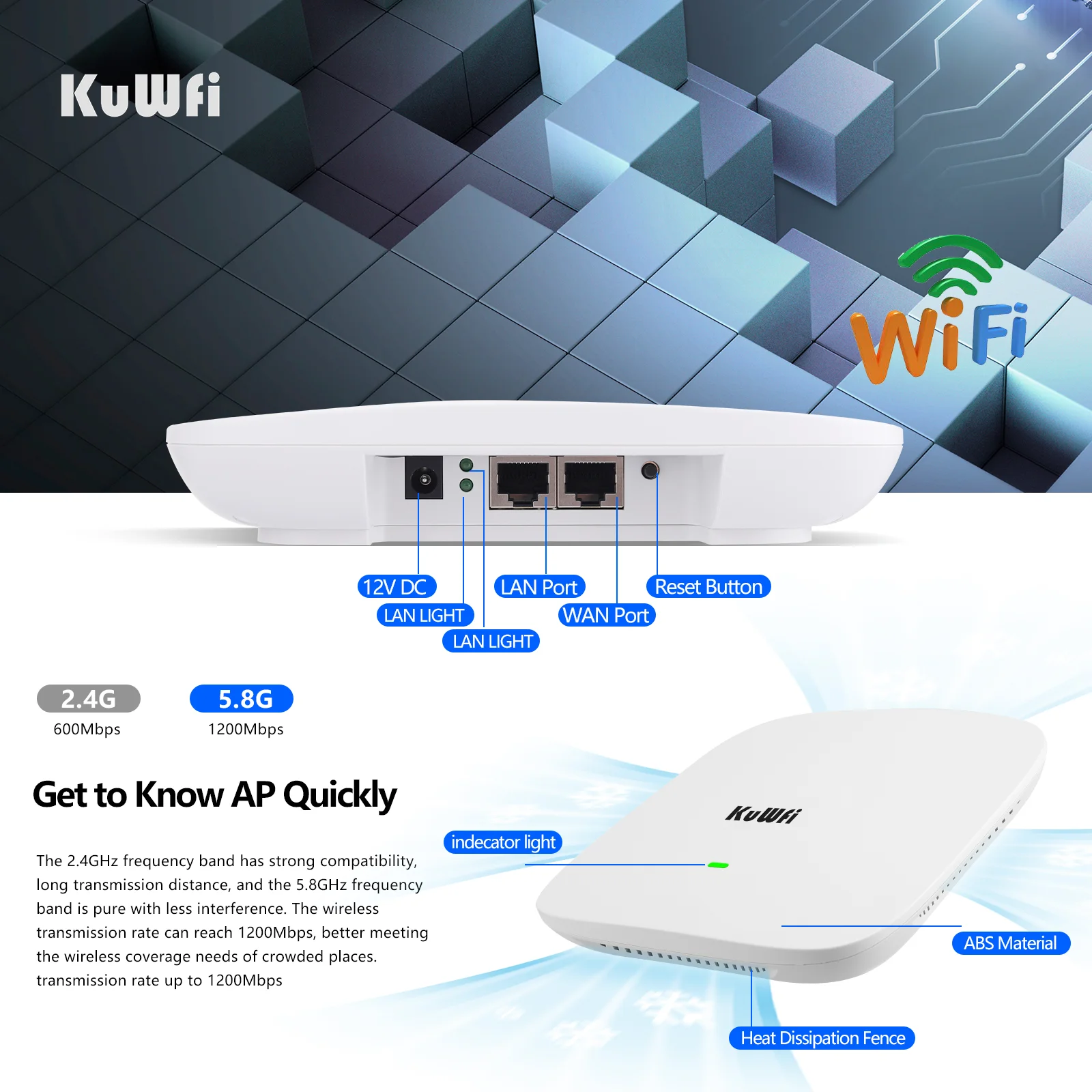 KuWfi-Roteador de Teto WiFi 6, Banda Dupla, Gigabit, WAN, Porta LAN, Suporte 48V POE Switch, Casa e Escritório, 2.4G, 5.8G, 1800Mbps