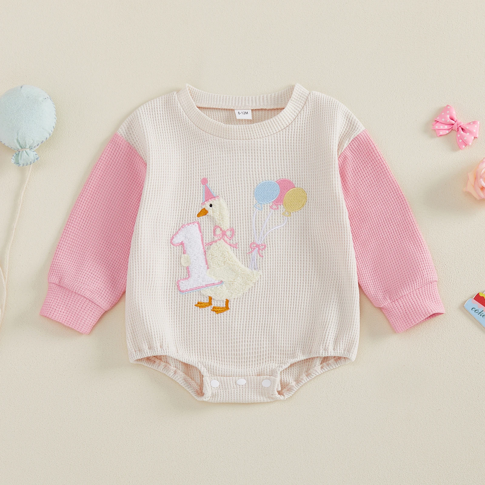 Baby Girl Birthday Rompers Comfortable Long Sleeve Round Neck Number Goose Embroidery Waffle Jumpsuit Birthday Gifts