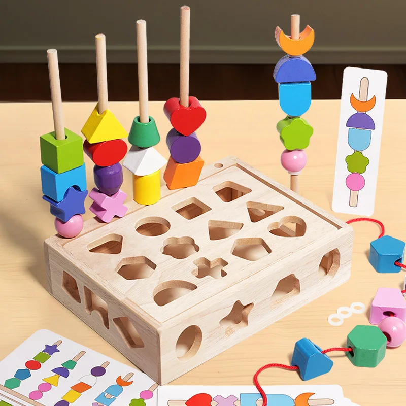 Wooden Geometric Shape Cognitive Matching Set Column Splicing Block Children's Bead Parent-child Interactive Puzzle Toy