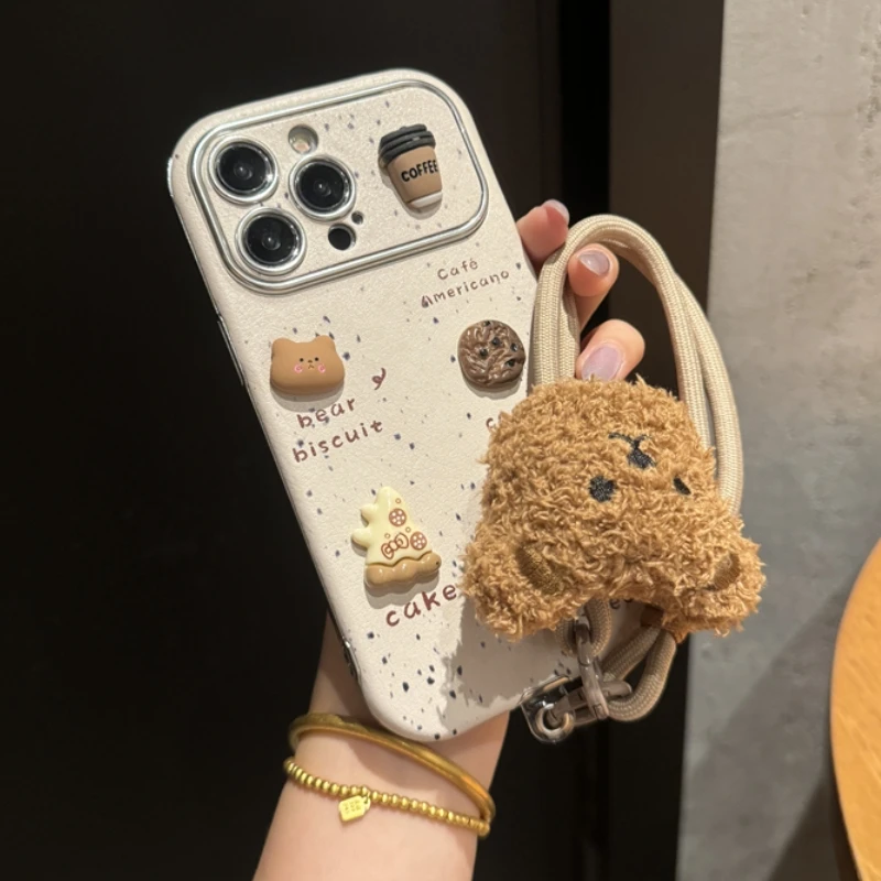 Korean Cute 3D Bear Coffee Phone Case For iPhone 15 promax 14 Plus 13 12 11 Pro Max Mini With Plush Hand Strap Lanyard Cover