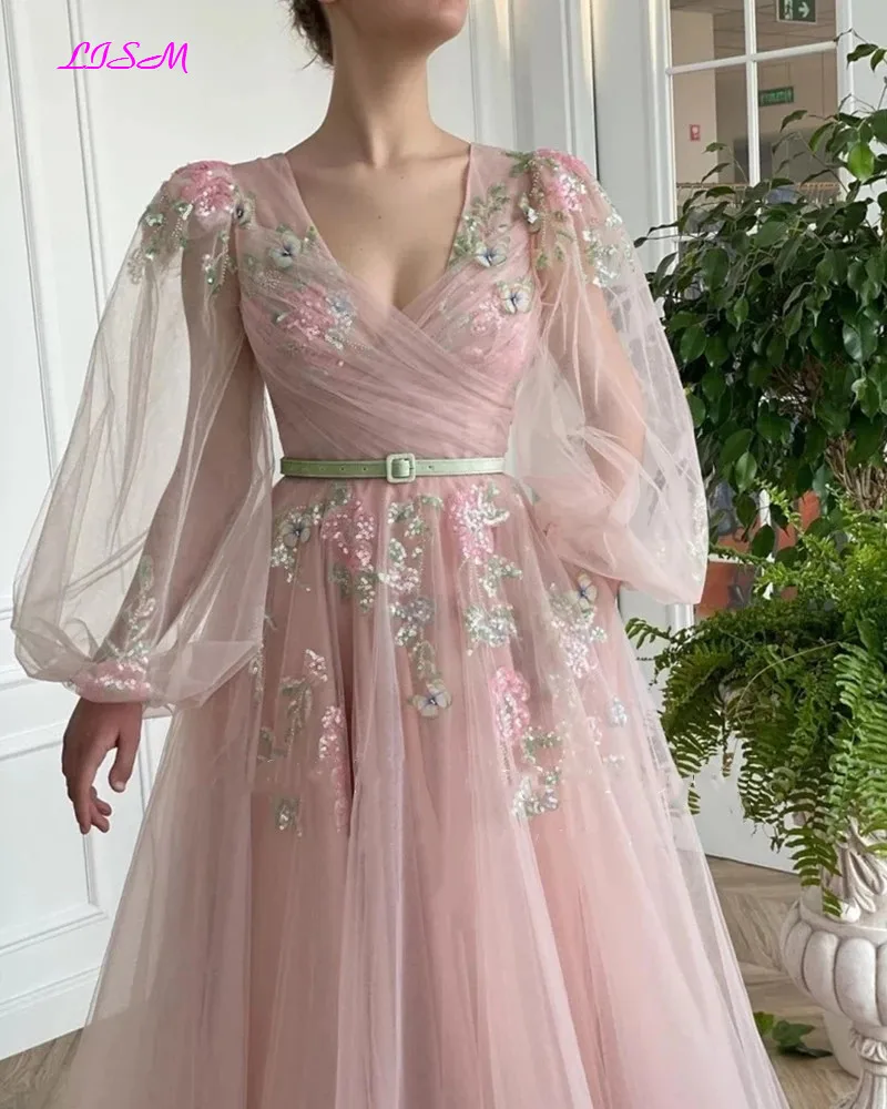 LISM Pink Fairy Prom Dresses A-Line V-Neck Illusion Puff Sleeve Party Gowns for Graduation Long Flowers Bead Tulle Evening Dress