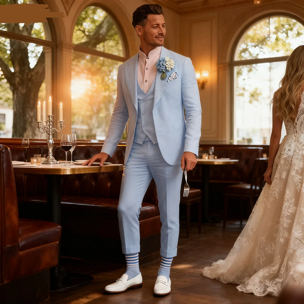 

Beige Linen Terno for Men Summer Wedding Smoking 3-Piece Suit Customizable Slim Fit Men's Blazer Party Wear