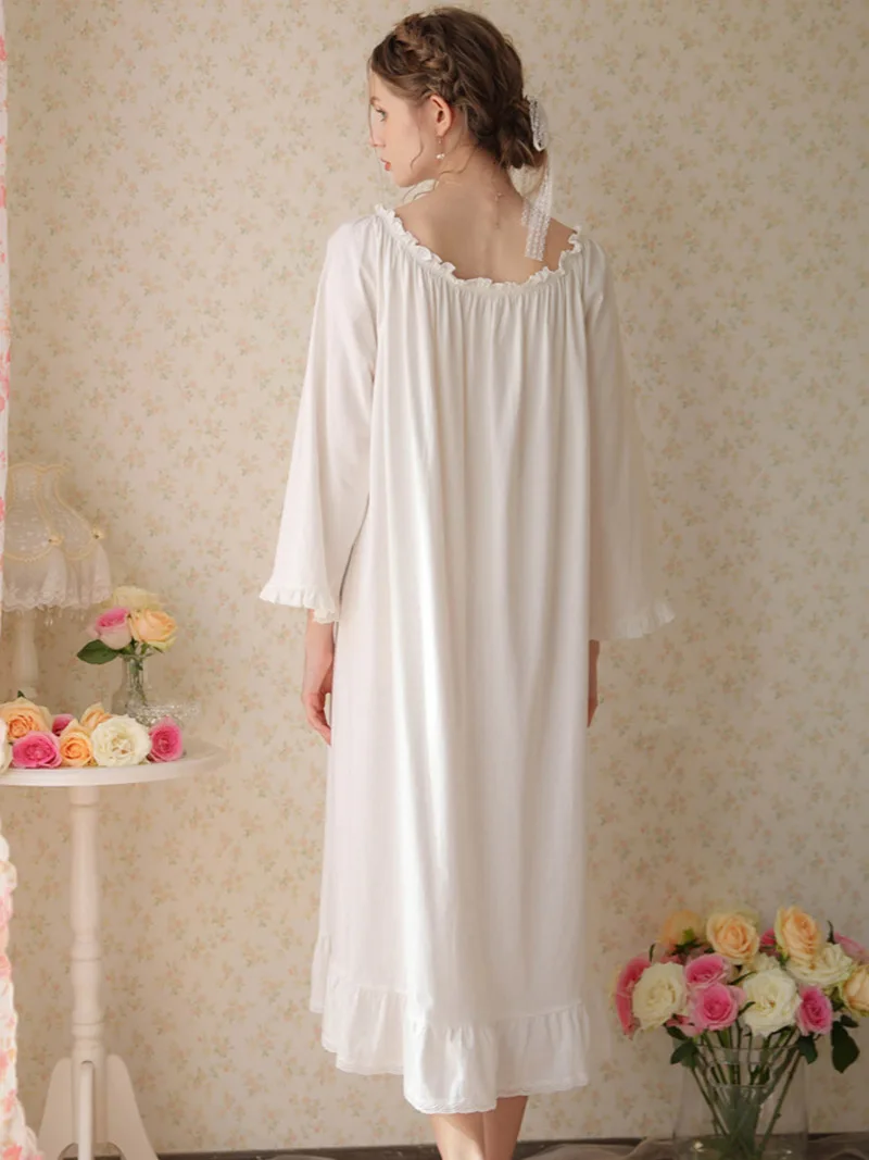 French Victorian Nightdress Spring Autumn Cotton Pajamas Nightgown Women Long Sleeves Loose Ruffles Princess Vintage Sleepwear