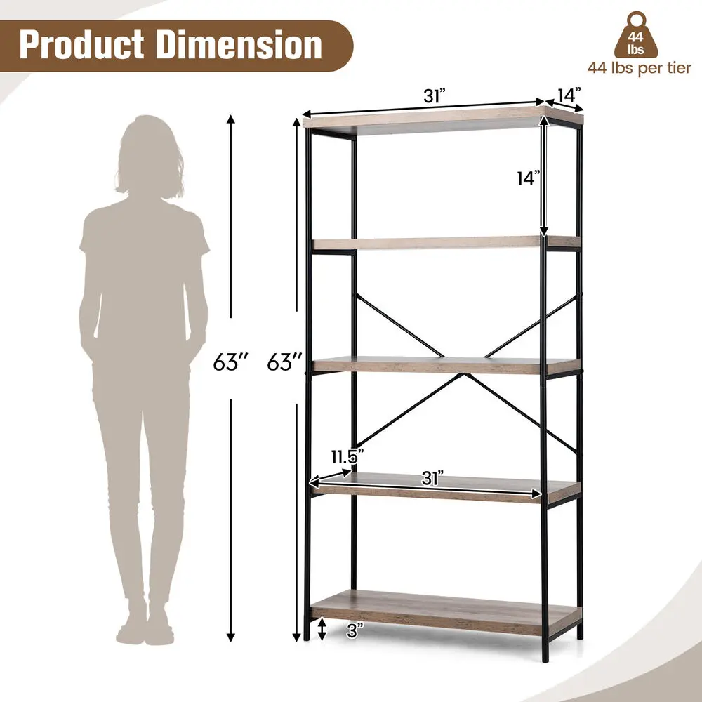 Costway 5-Tier Rustic Industrial Bookshelf Wood Display Storage Rack w/Metal Frame Grey