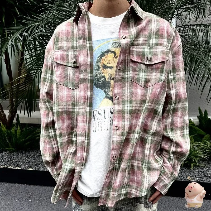 

Distressed Halo Dyeing Flannel Cotton Plaid Shirts Men Women 1:1 Oversize Shirts Top Hip Hop