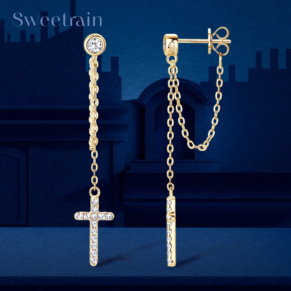 

Sweetrain Long Tassel Cross Earrings 3mm Moissanite Diamond Stud Earring For Women 100% S925 Silver Plated 18K Gold Jewelry Gift